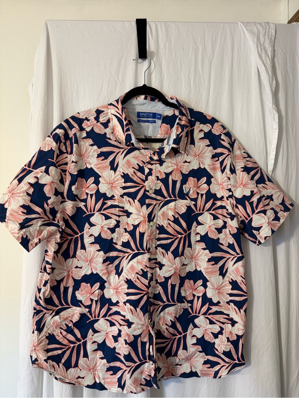 Nautica Navy and Pink Floral & Palm Short-Sleeve Button-Down Shirt Size XXL
